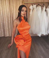 Orange Flower Halter Split Prom Dress UK-ballbellauk