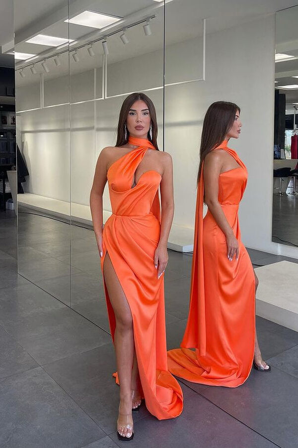 Orange Sexy Halter Satin Mermaid Prom Dress UK with Long Split-ballbellauk
