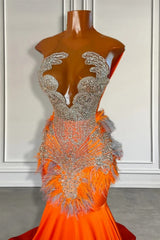 Orange Sleeveless Illusion Mermaid Prom Dresses With Beadings and Feather-Ballbella