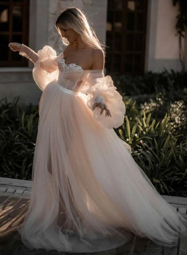 Pink Romantic Long Sleeves Off-The-Shoulder Wedding Dresses Lace-Ballbella