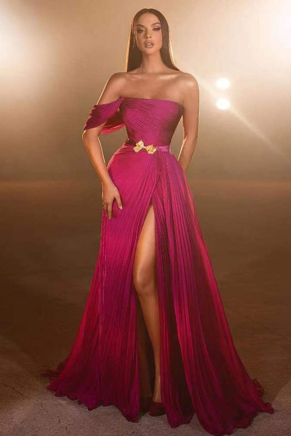 Pretty Fuchsia One Shoulder Prom Dress UK with Slit & Belt-ballbellauk