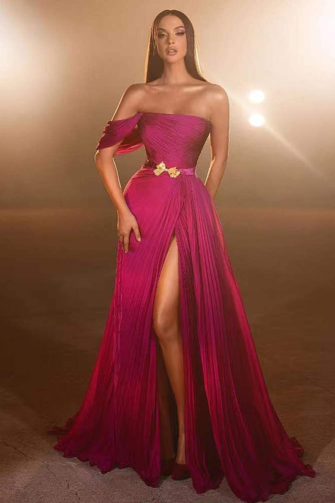 Pretty Fuchsia One Shoulder Prom Dress UK with Slit & Belt-ballbellauk