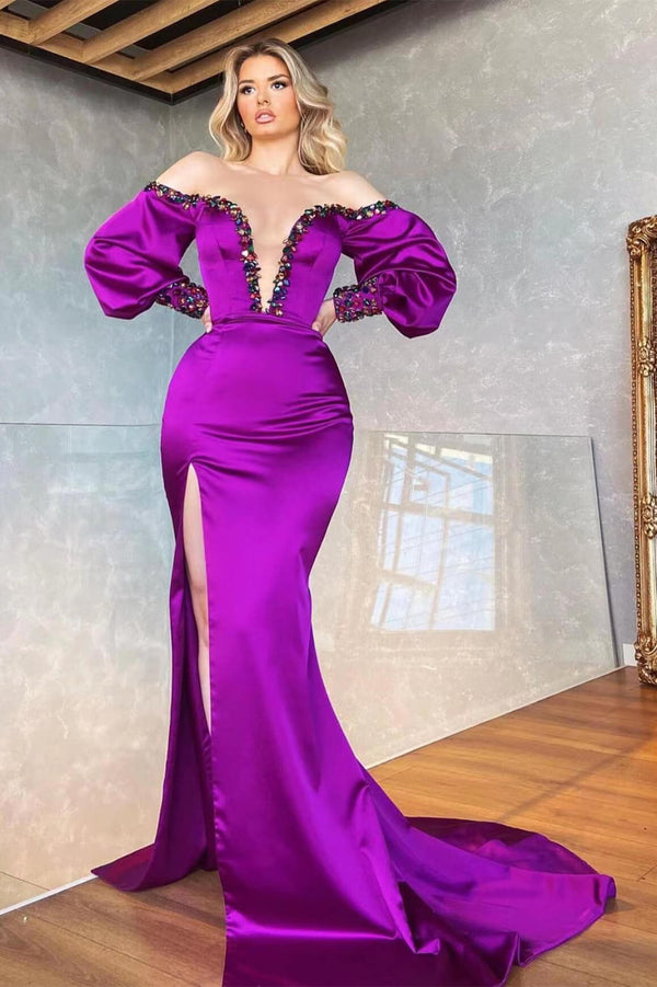 Purple Mermaid Beadings Front Split Prom Dress UK Off-The-Shoulder With Long Sleeves V-Neck-ballbellauk