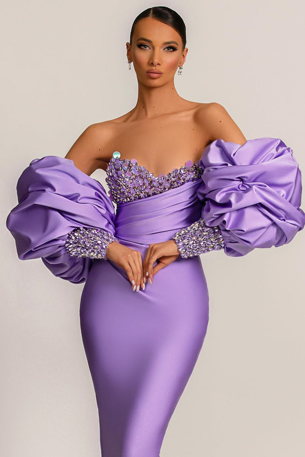 Purple Mermaid Prom Dress UK With Appliques Puff Sleeves-ballbellauk