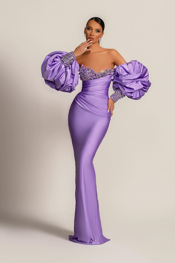 Purple Mermaid Prom Dress UK With Appliques Puff Sleeves-ballbellauk