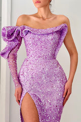Purple One-Shoulder Sequins Slit Evening Dress With Long Sleeves-ballbellauk