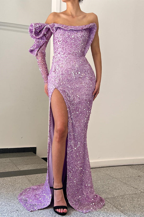 Purple One-Shoulder Sequins Slit Evening Dress With Long Sleeves-ballbellauk