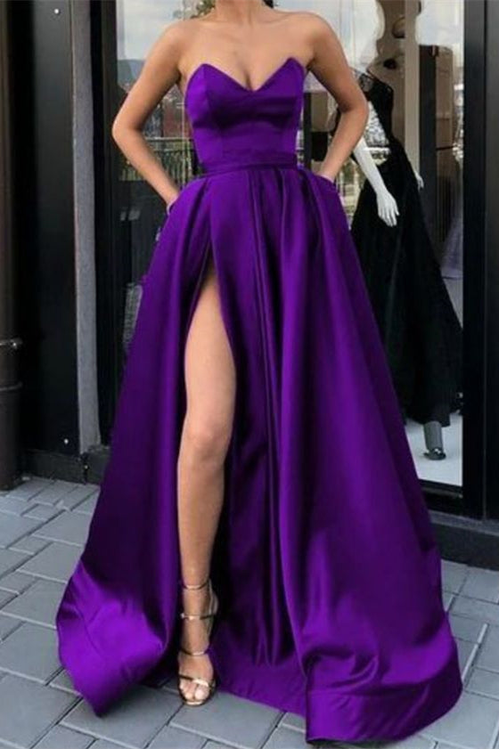 Purple Split Sweetheart Long Prom Dress UK with Pockets-ballbellauk