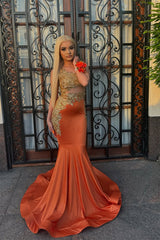 Red Satin Mermaid Column Gold Beaded Sleeveless Long Prom Dresses-Ballbella