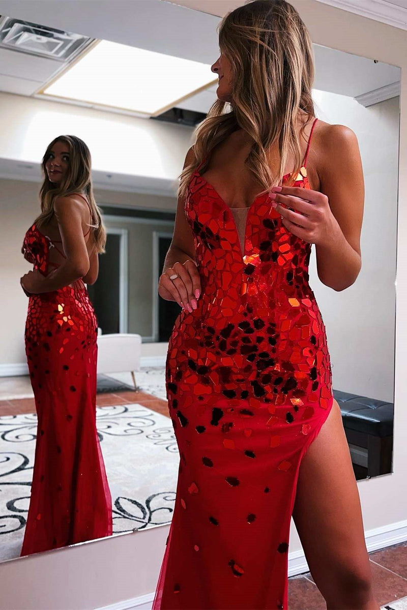 Red Sequin Mermaid Evening Dress with Slit Tulle-ballbellauk