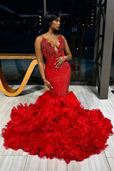 Red V-neck Strapless Ruffles Mermaid Sleeveless Gorgeous Prom Dresses-Ballbella