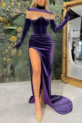 Regency High Neck Prom Dress Mermaid Long Split Long Sleeves-ballbellauk