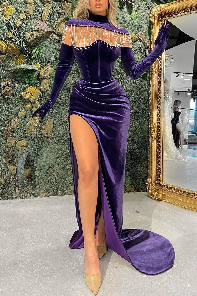 Regency High Neck Prom Dress Mermaid Long Split Long Sleeves-ballbellauk