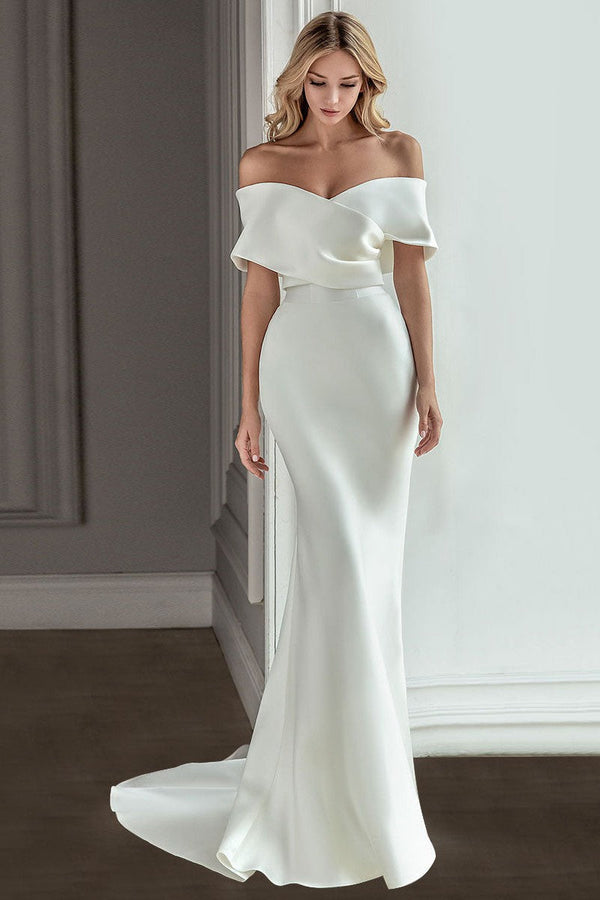 Retro White Wedding Dress With Train Satin Off The Shoulder Pleated Mermaid Bridal Gowns-Ballbella