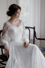 Romantic Long sleeves White Lace Flowers A-line Wedding Dresses-Ballbella