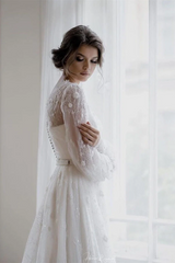 Romantic Long sleeves White Lace Flowers A-line Wedding Dresses-Ballbella