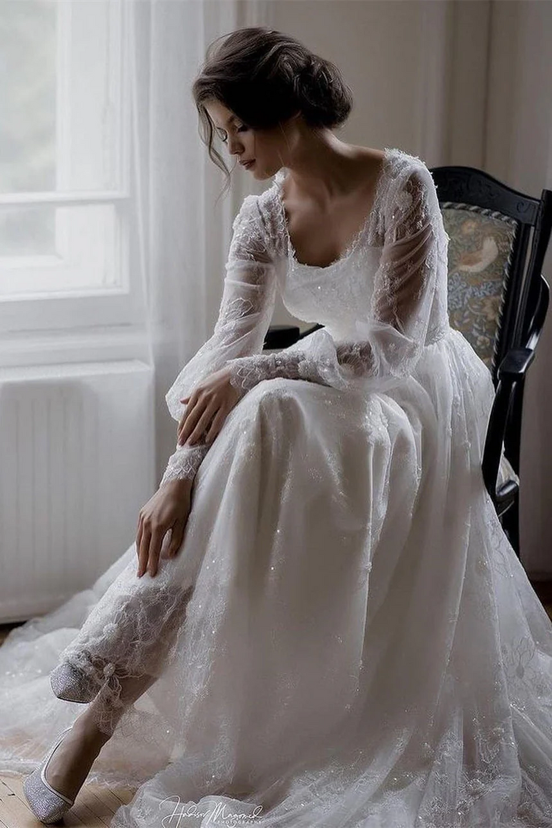 Romantic Long sleeves White Lace Flowers A-line Wedding Dresses ballbellauk Romantic Long sleeves White Lace Flowers A-line Wedding Dresses ballbellauk