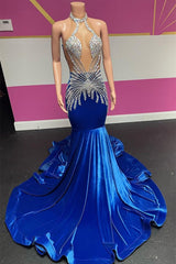 Royal Blue Halter Sleeveless Mermaid Prom Dresses With Beadings Velvet-Ballbella