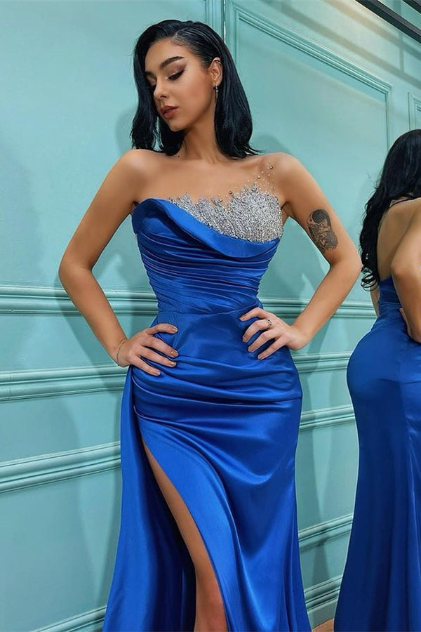 Royal Blue Mermaid Evening Dress With Beadings - Strapless Sleeveless Split-ballbellauk