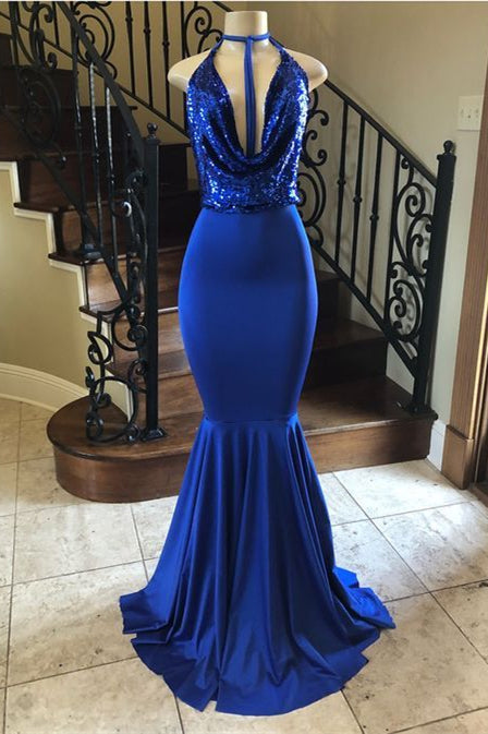 Royal Blue Mermaid Long Evening Dress with V-Neck-ballbellauk