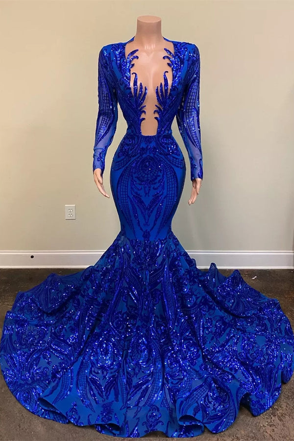 Royal Blue Sequins Prom Dress UK with Long Sleeves-ballbellauk