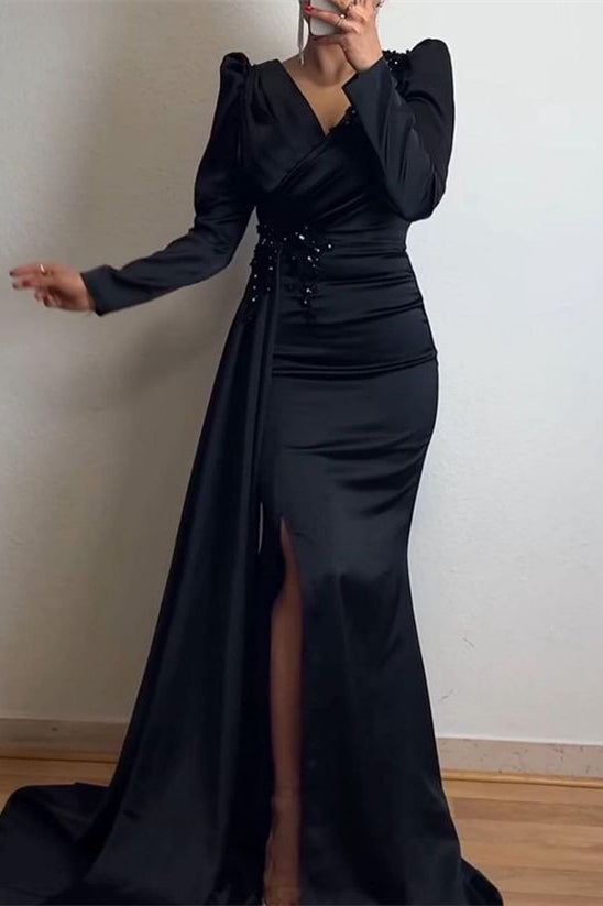 Ruffle Mermaid Beadings Long Sleeves Prom Dress UK with Front Split-ballbellauk