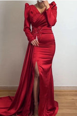 Ruffle Mermaid Beadings Long Sleeves Prom Dress UK with Front Split-ballbellauk