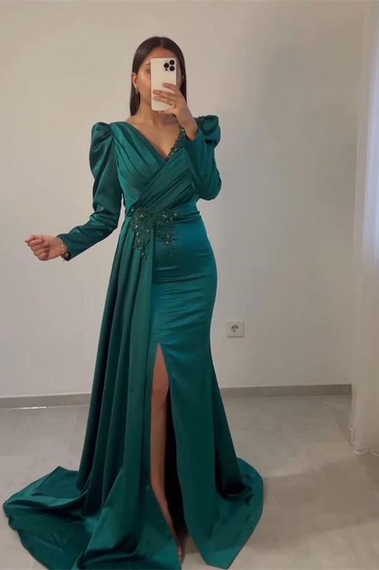 Ruffle Mermaid Beadings Long Sleeves Prom Dress UK with Front Split-ballbellauk