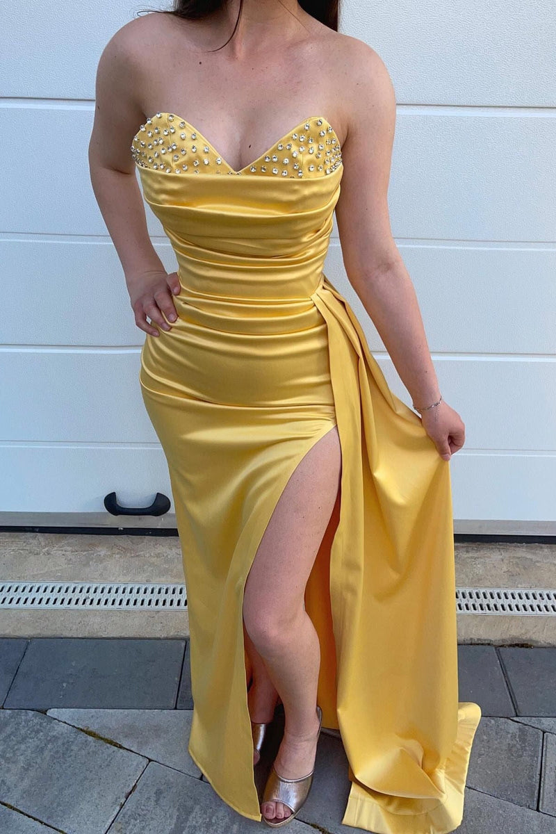 Ruffled Sweetheart Mermaid Evening Dress with Yellow Beads-ballbellauk