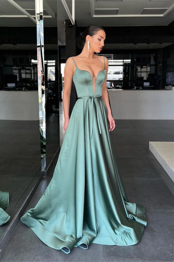 Sage A Line Prom Dress UK with Spaghetti-Straps and Belt-ballbellauk