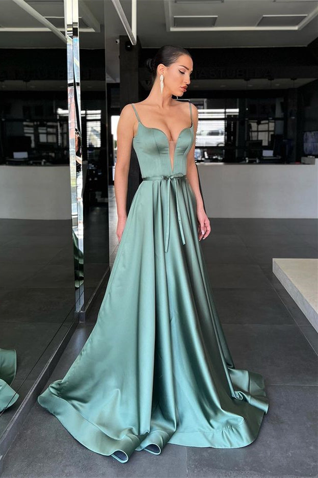 Sage A Line Prom Dress UK with Spaghetti-Straps and Belt-ballbellauk