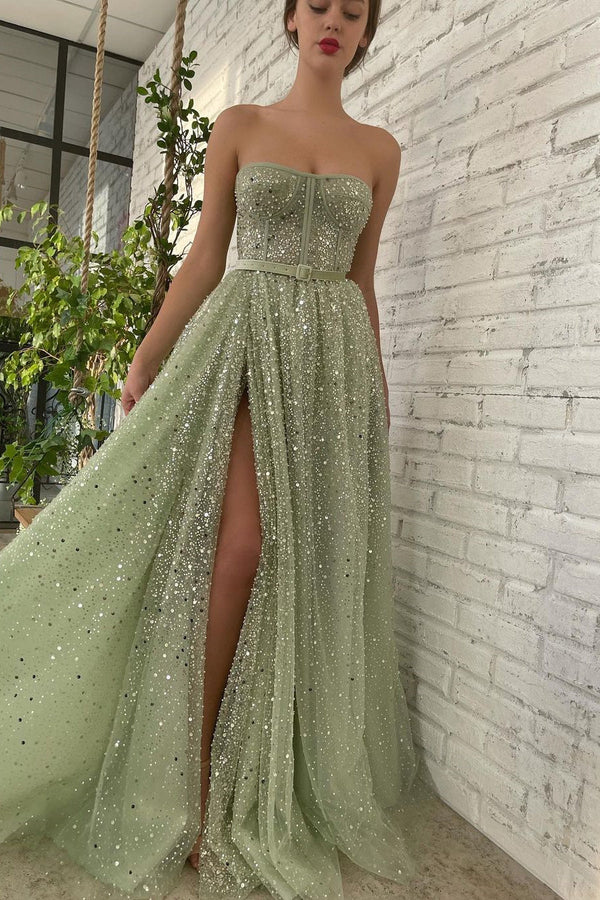 Sage Strapless A-Line Prom Dress UK With High Split & Sequins Beads-ballbellauk