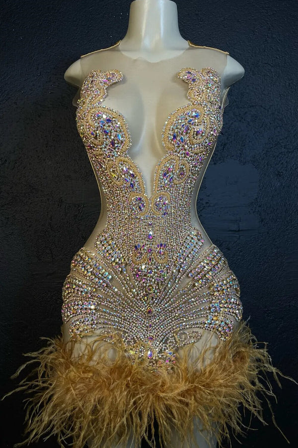 Scoop Sleeveless Short Prom Dresses With Crystal Beadings and Feathers-Ballbella