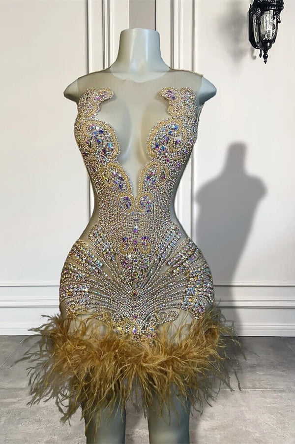 Scoop Sleeveless Short Prom Dresses With Crystal Beadings and Feathers-Ballbella