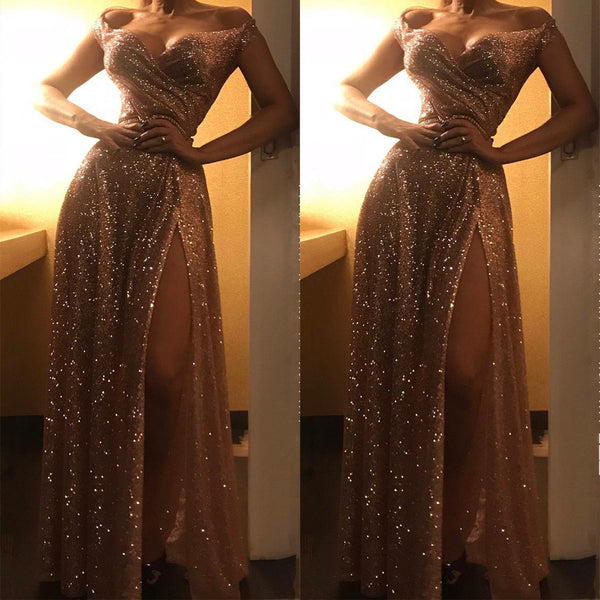 Sequins Chic Off-the-Shoulder Elegant Evening Dress with Front Split-ballbellauk