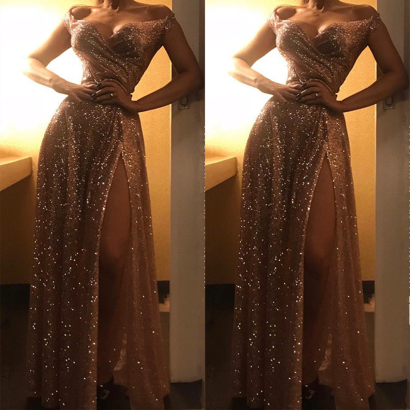 Sequins Chic Off-the-Shoulder Evening Dress with Front Split-ballbellauk