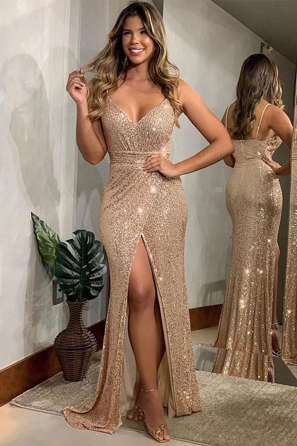 Sequins Evening Dress with Spaghetti-Straps and Slit-ballbellauk