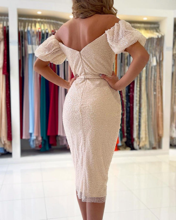 Sequins Short Prom Dress Split Ball DressesOff-the-Shoulder-ballbellauk