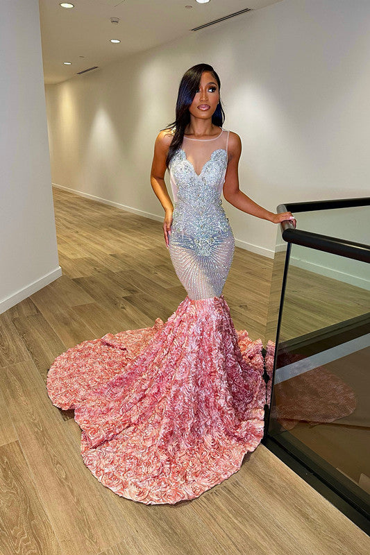 Sequins Sleeveless Flower Mermaid Princess Prom Dress UK Splicing Trumpet for Crew Neck-ballbellauk