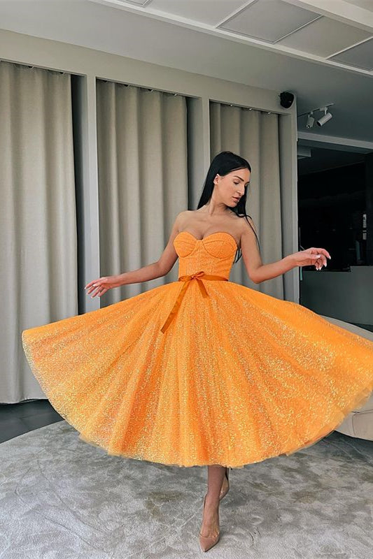 Sequins Sweetheart Dress with Belt - Orange-ballbellauk