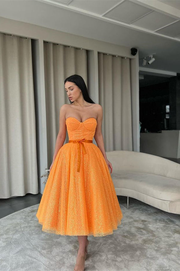 Sequins Sweetheart Dress with Belt - Orange-ballbellauk