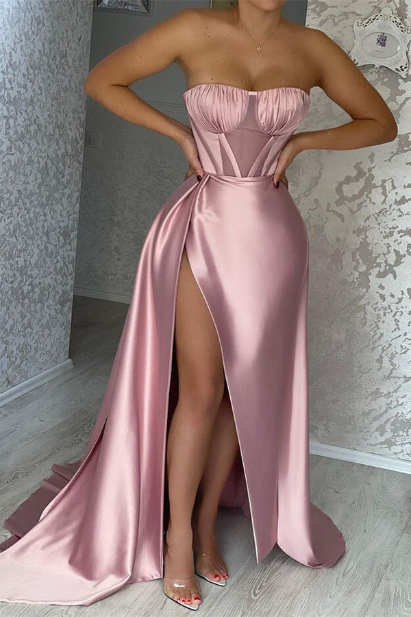Sexy Pink Strapless Mermaid Prom Dress UK with Split Pleats Ruffles-ballbellauk