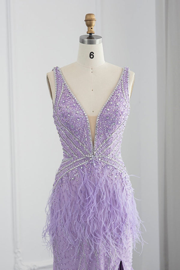 Sexy V-Neck Mermaid Evening Dress Sheath with Feathers Open Back-ballbellauk
