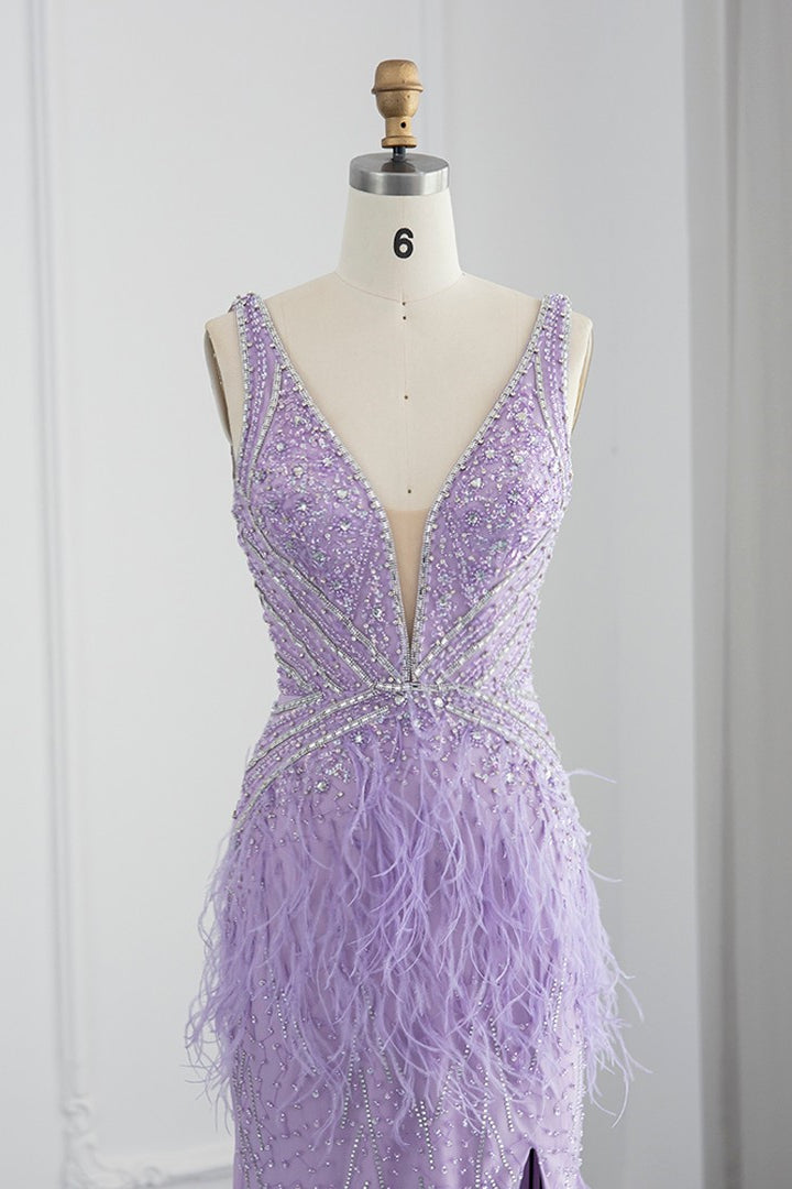 Sexy V-Neck Mermaid Evening Dress Sheath with Feathers Open Back-ballbellauk