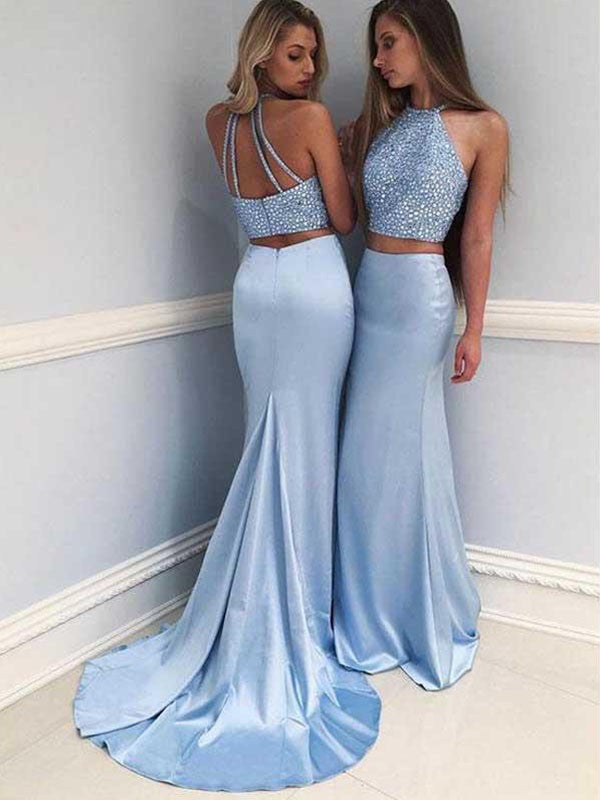 Sheath Halter Sleeveless With Beading Elastic Woven Satin Two Piece Prom Dress-ballbellauk