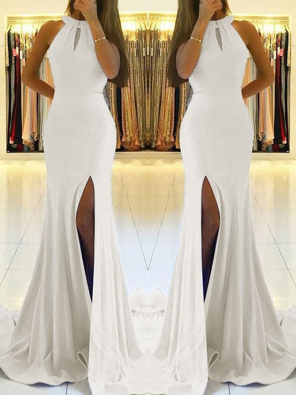Sheath Halter Sleeveless With Ruffles Stretch Crepe Prom Dress-ballbellauk