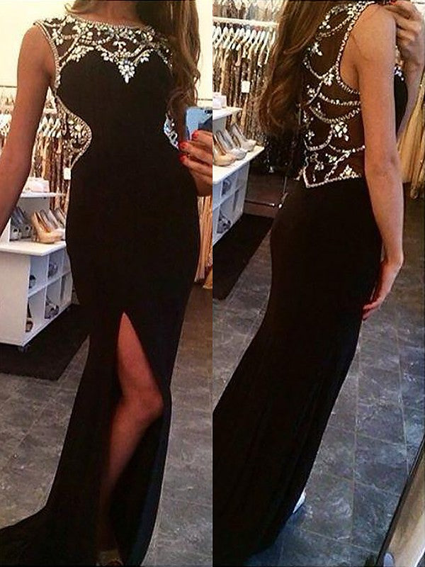 SheathBateau Sleeveless Beading Spandex Prom Dress-ballbellauk