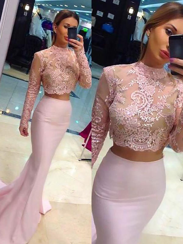 SheathLong Sleeves Lace Satin Two Piece Prom Dress-ballbellauk