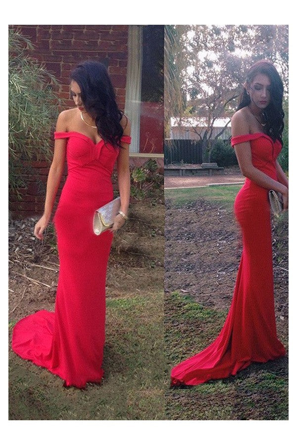 SheathOff-the-Shoulder Sleeveless Jersey Prom Dress-ballbellauk