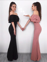 SheathOff-the-Shoulder Sleeveless Long Ruffles Stretch Crepe Prom Dress-ballbellauk
